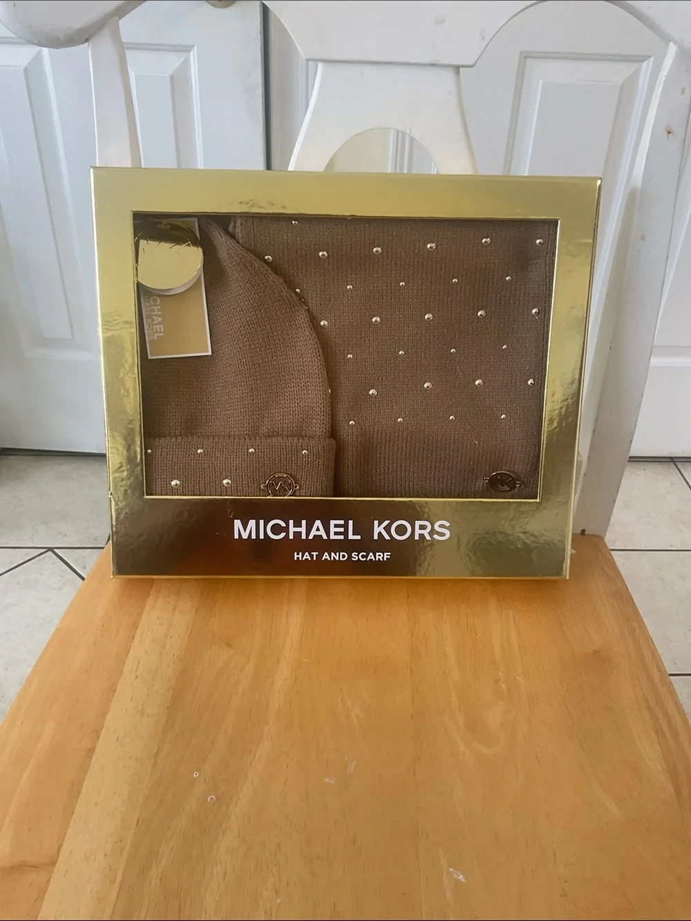Michael Kors Chocolate Brown Studded Knit Hat & Scarf Set
